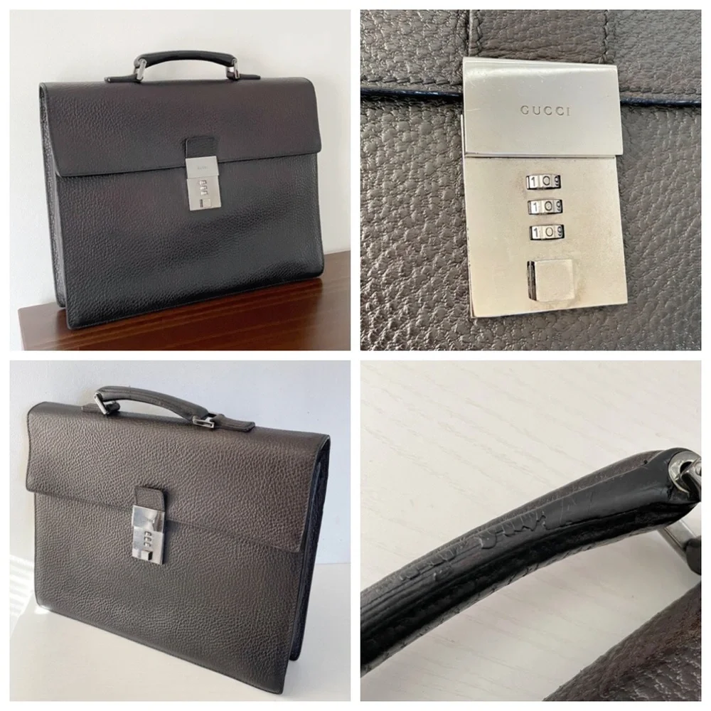 Gucci dark brown black pebbled leather unisex briefcase laptop bag